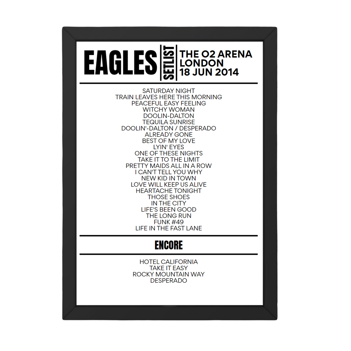 Eagles London June 18, 2014 Replica Setlist - Setlist