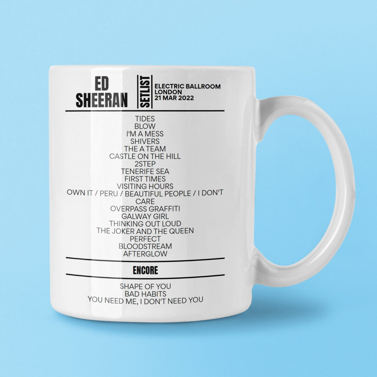 Ed Sheeran Electric Ballroom London March 21, 2022 Setlist Mug - Setlist