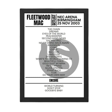 Fleetwood Mac Birmingham November 2003 Replica Setlist - Setlist