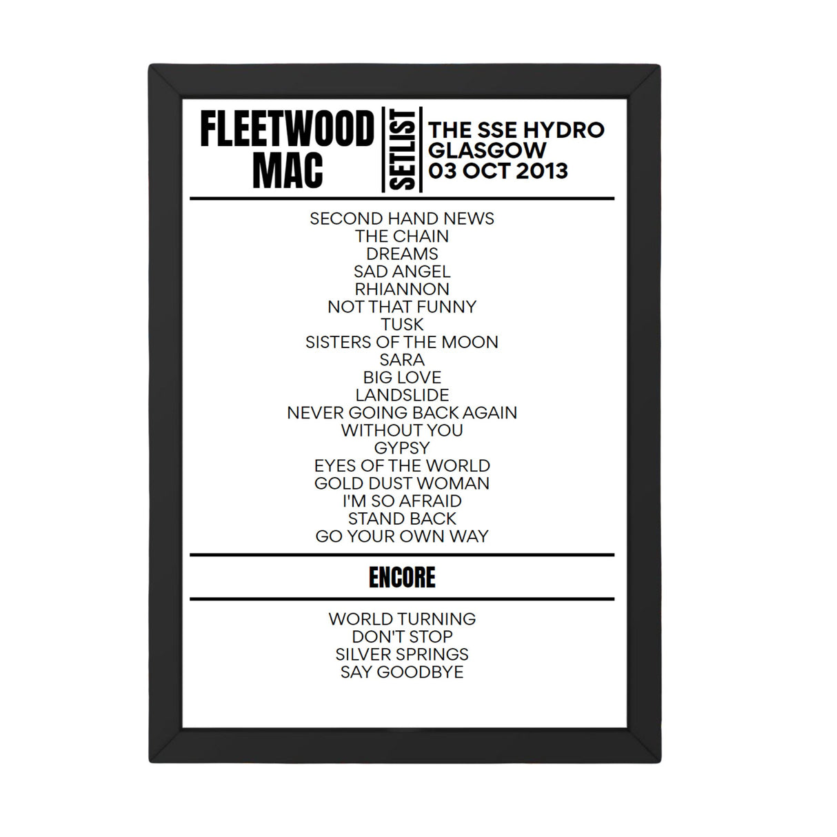 Fleetwood Mac Glasgow October 2013 Replica Setlist - Setlist