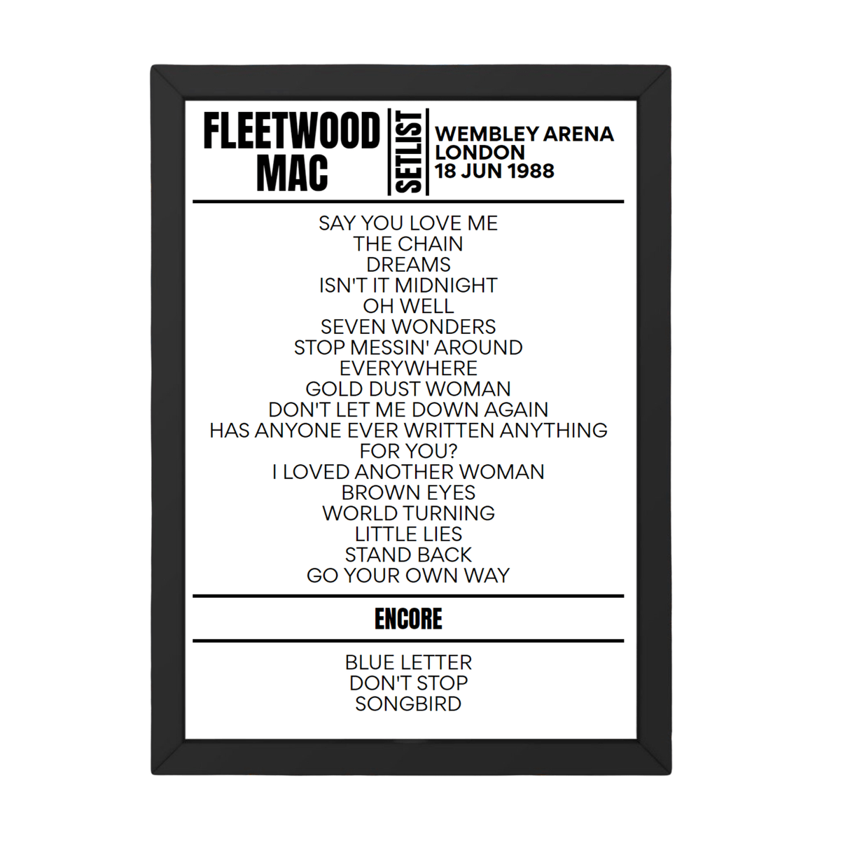 Fleetwood Mac London June 1988 Replica Setlist - Setlist