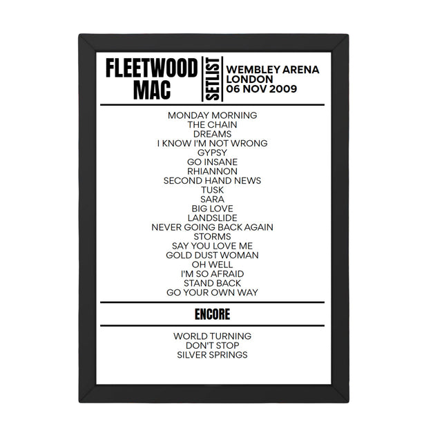 Fleetwood Mac London November 2009 Replica Setlist - Setlist