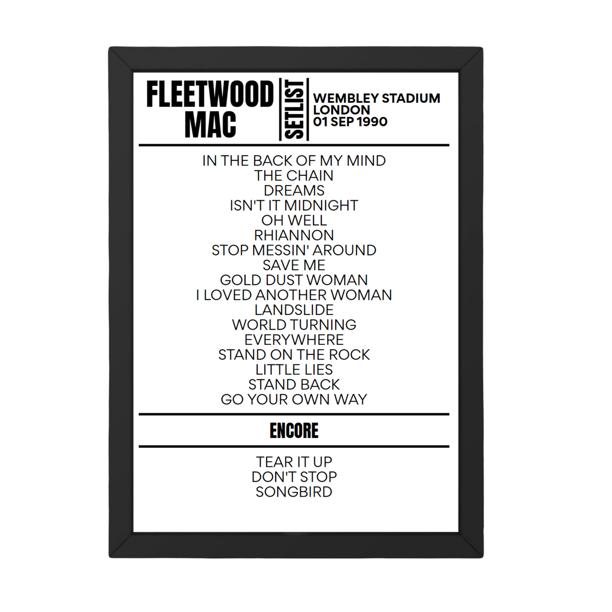 Fleetwood Mac London September 1990 Replica Setlist - Setlist