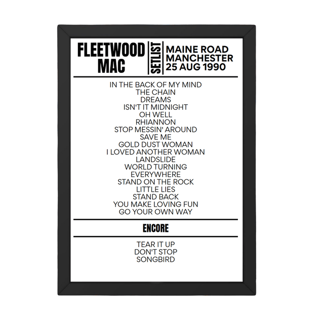 Fleetwood Mac Manchester August 1990 Replica Setlist - Setlist