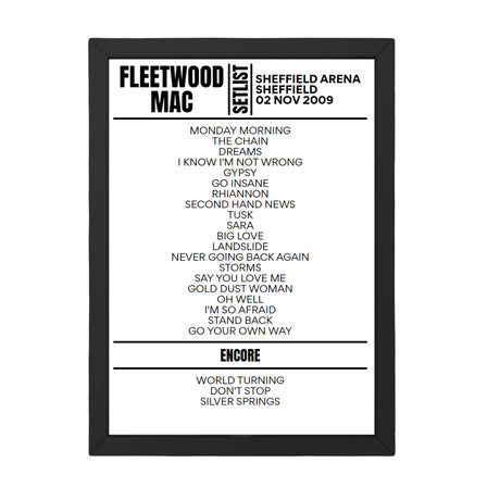 Fleetwood Mac Sheffield November 2009 Replica Setlist - Setlist