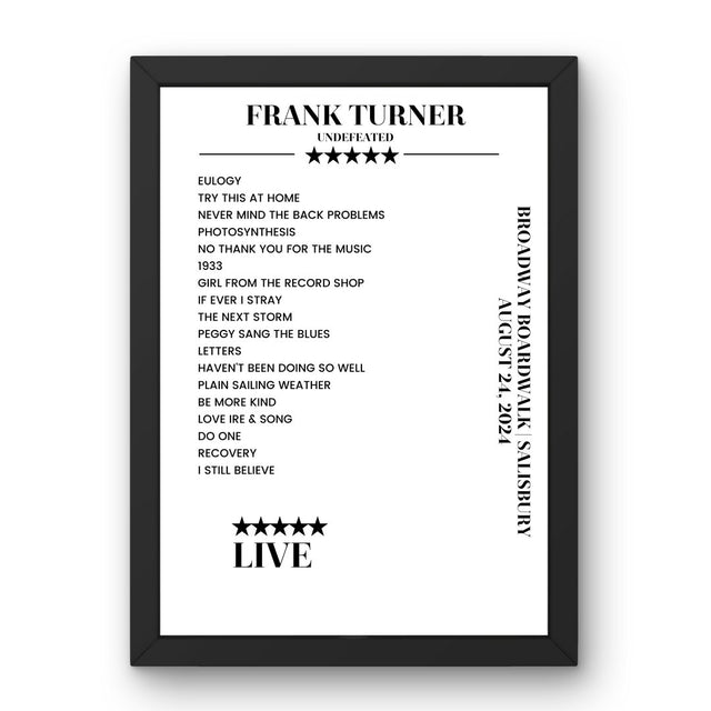 Frank Turner Broadway Boardwalk Salisbury 24 August 2024 Setlist Poster - Setlist