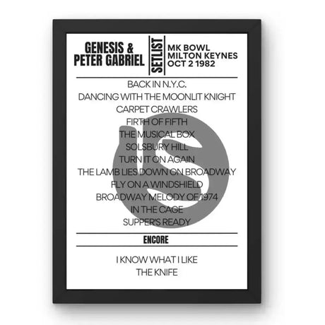 Genesis & Peter Gabriel Milton Keynes October 2 1982 Setlist Poster - Setlist