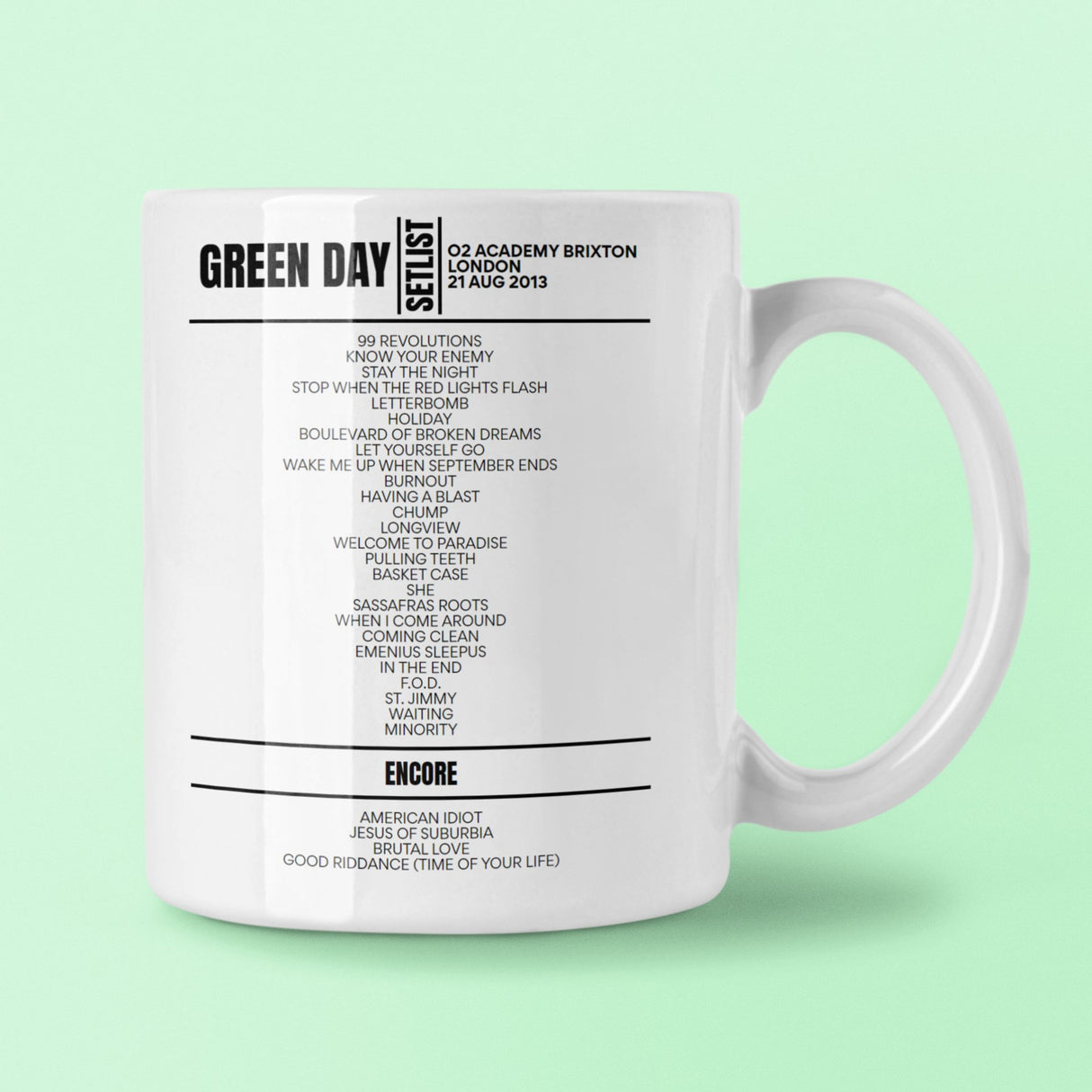 Green Day 02 Academy Brixton London August 21, 2013 Setlist Mug - Setlist