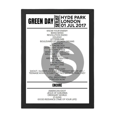 Green Day B.S.T Hyde Park, London July 1 2017 Setlist Poster - Setlist