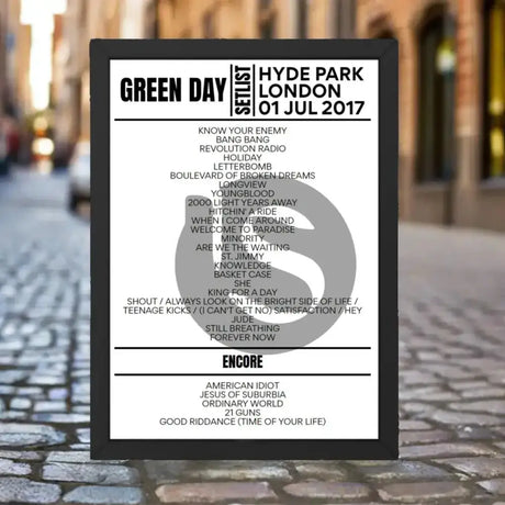 Green Day B.S.T Hyde Park, London July 1 2017 Setlist Poster - Setlist