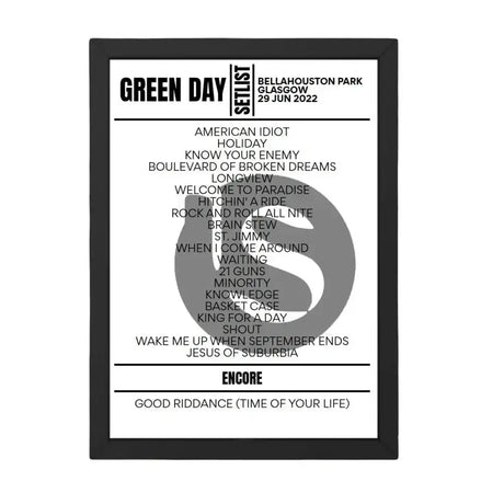 Green Day Glasgow June 29 2022 Setlist Poster - Setlist