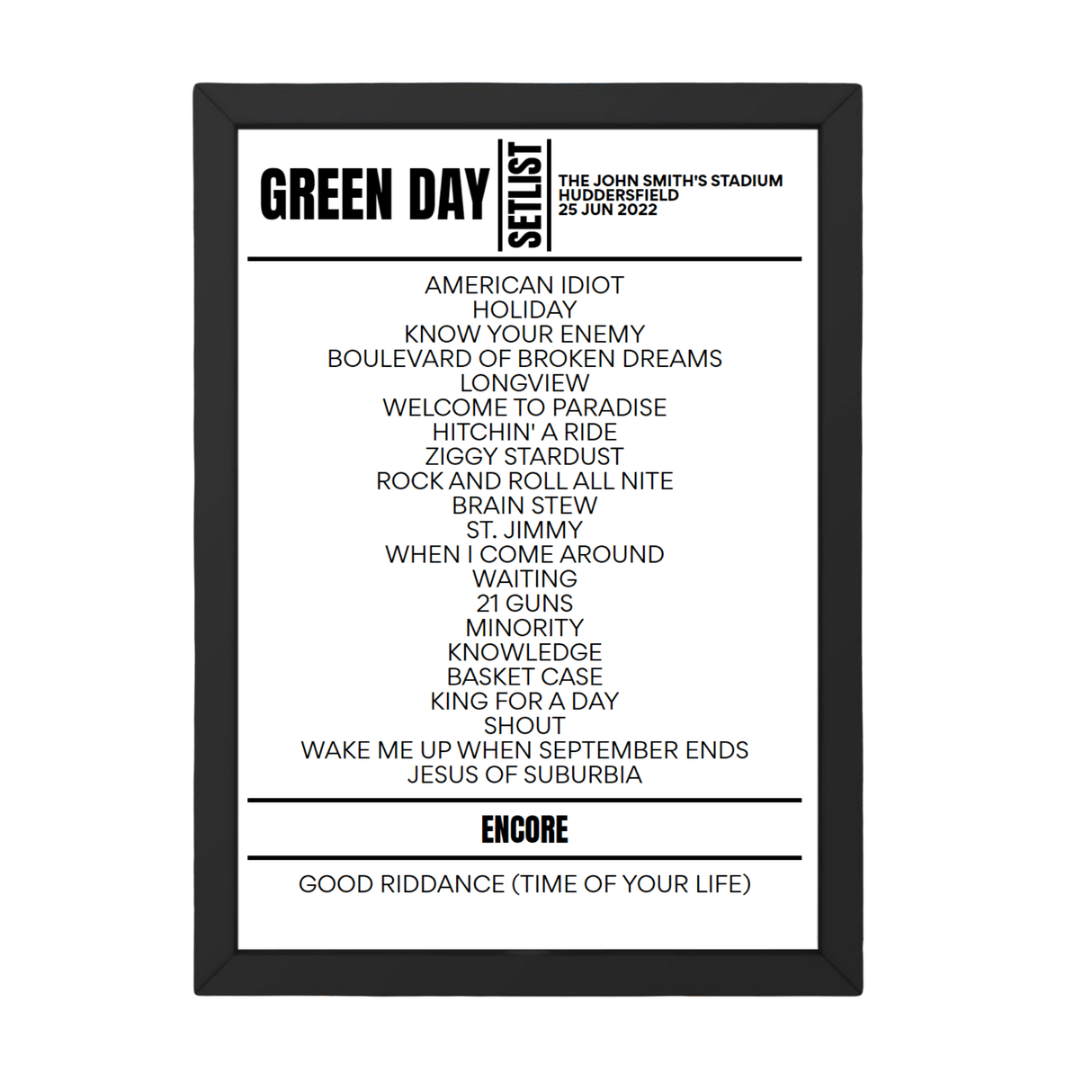 Green Day Huddersfield June 25 2022 Setlist Poster - Setlist