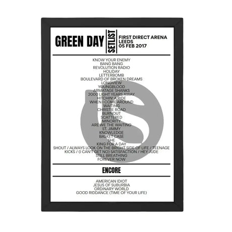 Green Day Leeds February 5 2017 Setlist Poster - Setlist