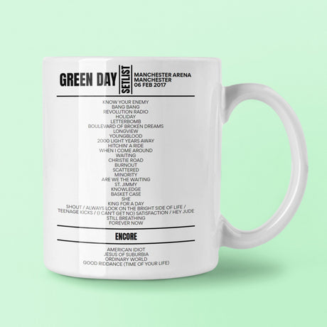 Green Day Manchester Arena Manchester February 6, 2017 Setlist Mug - Setlist