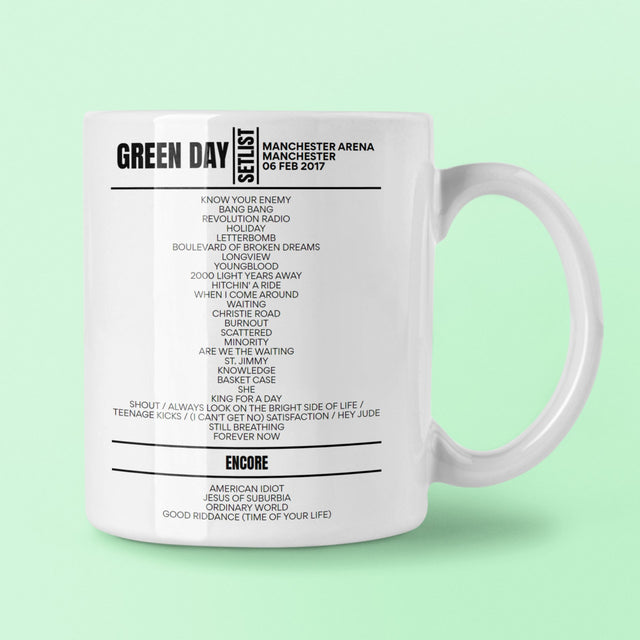 Green Day Manchester Arena Manchester February 6, 2017 Setlist Mug - Setlist