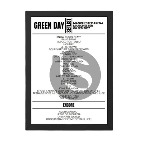 Green Day Manchester February 6 2017 Setlist Poster - Setlist