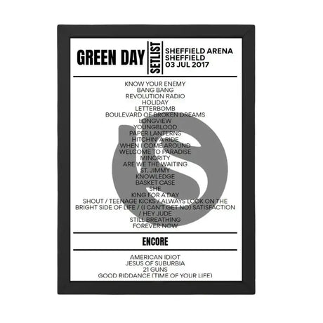 Green Day Sheffield July 3 2017 Setlist Poster - Setlist