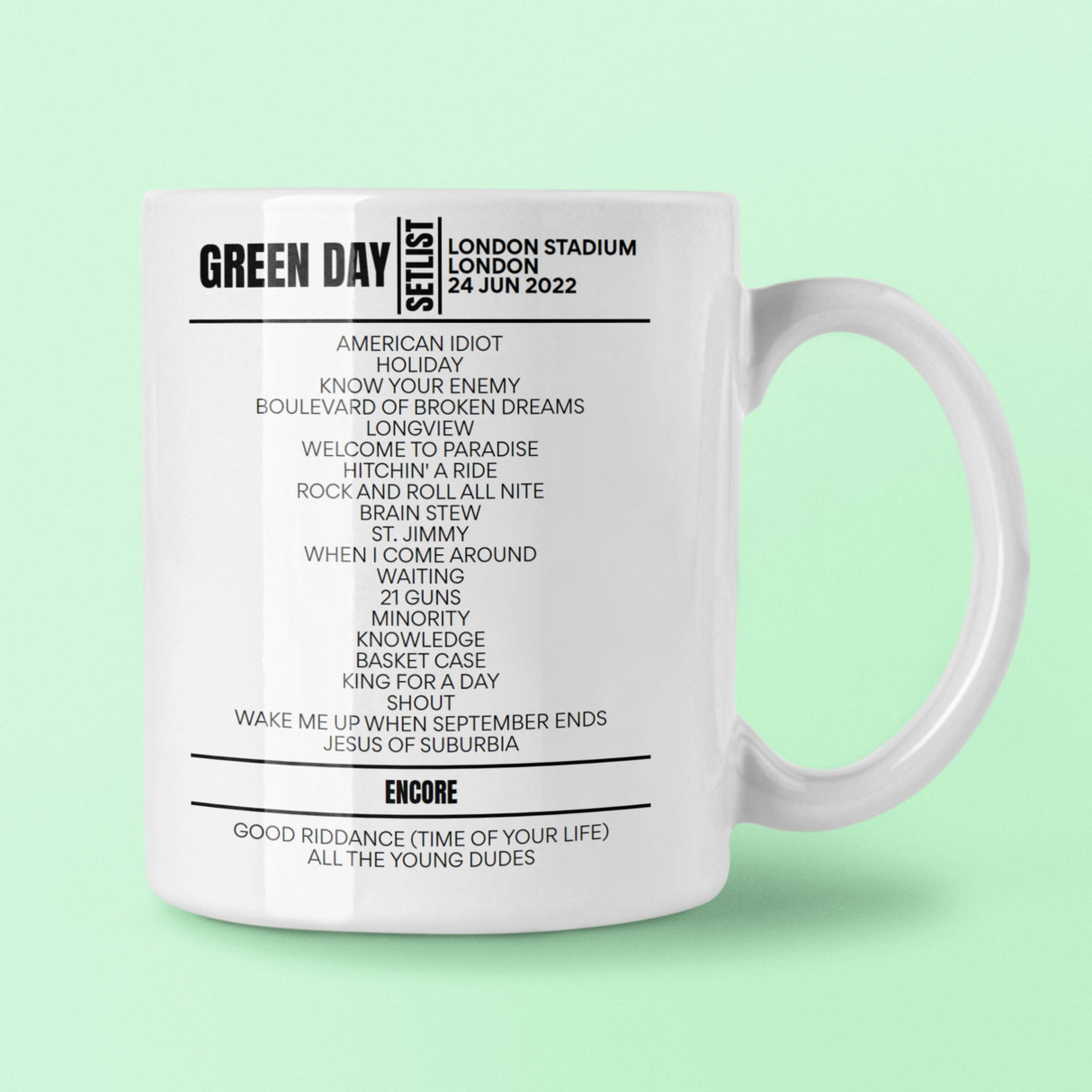 Green Day Tottenham Hotspur Stadium London June 24, 2022 Setlist Mug - Setlist