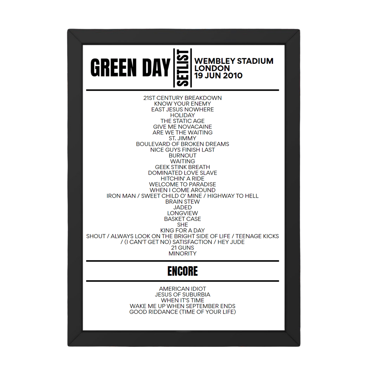 Green Day Wembley Stadium London June 19 2010 Setlist Poster - Setlist