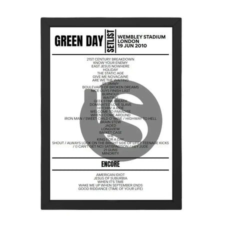 Green Day Wembley Stadium London June 19 2010 Setlist Poster - Setlist