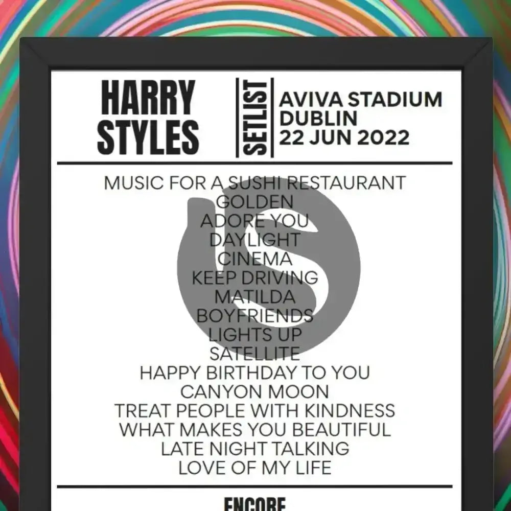 Harry Styles Aviva Stadium Dublin 22 June 2022 Replica Setlist - Setlist