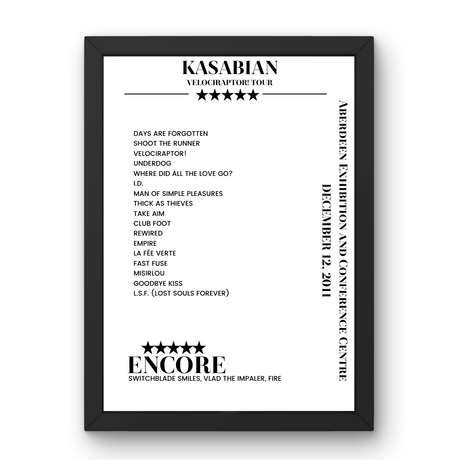 Kasabian Aberdeen Exhibition and Conference Centre Aberdeen 12 December 2011 Setlist Poster - Setlist