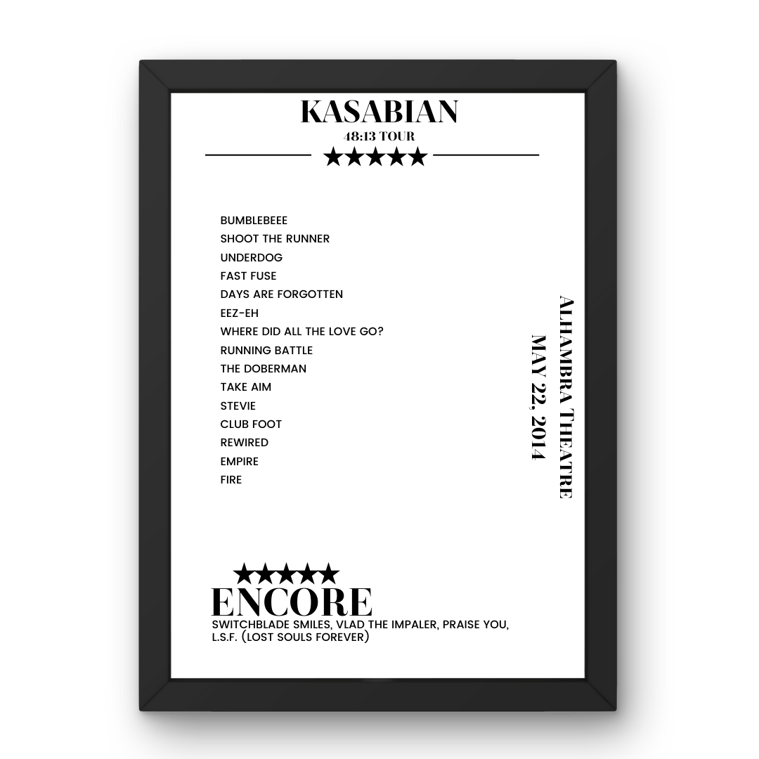 Kasabian Alhambra Theatre Dunfermline 22 May 2014 Setlist Poster - Setlist