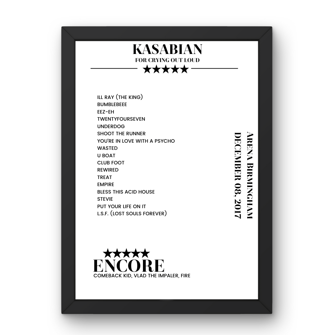 Kasabian Arena Birmingham Birmingham 08 December 2017 Setlist Poster - Setlist