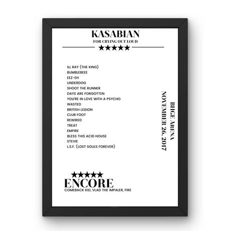 Kasabian BHGE Arena Aberdeen 26 November 2017 Setlist Poster - Setlist