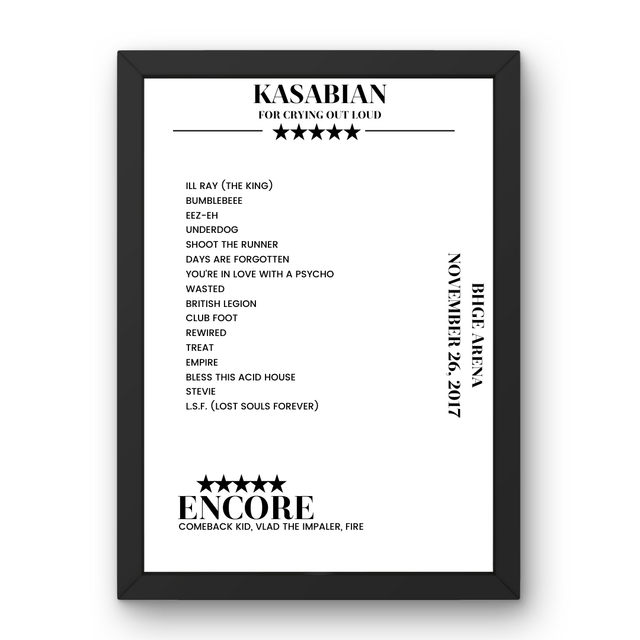 Kasabian BHGE Arena Aberdeen 26 November 2017 Setlist Poster - Setlist