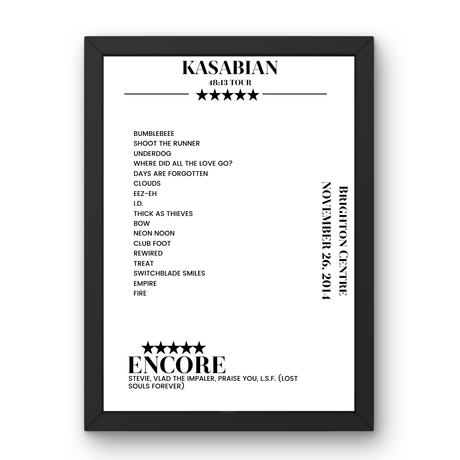 Kasabian Brighton Centre Brighton 26 November 2014 Setlist Poster - Setlist