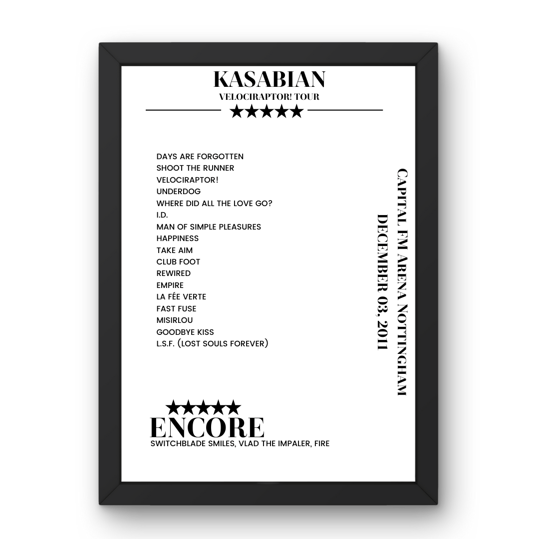 Kasabian Capital FM Arena Nottingham Nottingham 03 December 2011 Setlist Poster - Setlist