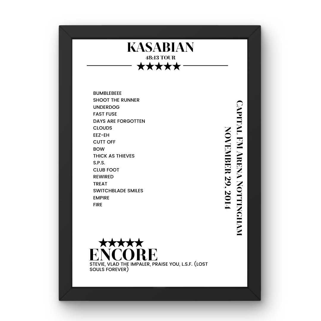 Kasabian Capital FM Arena Nottingham Nottingham 29 November 2014 Setlist Poster - Setlist