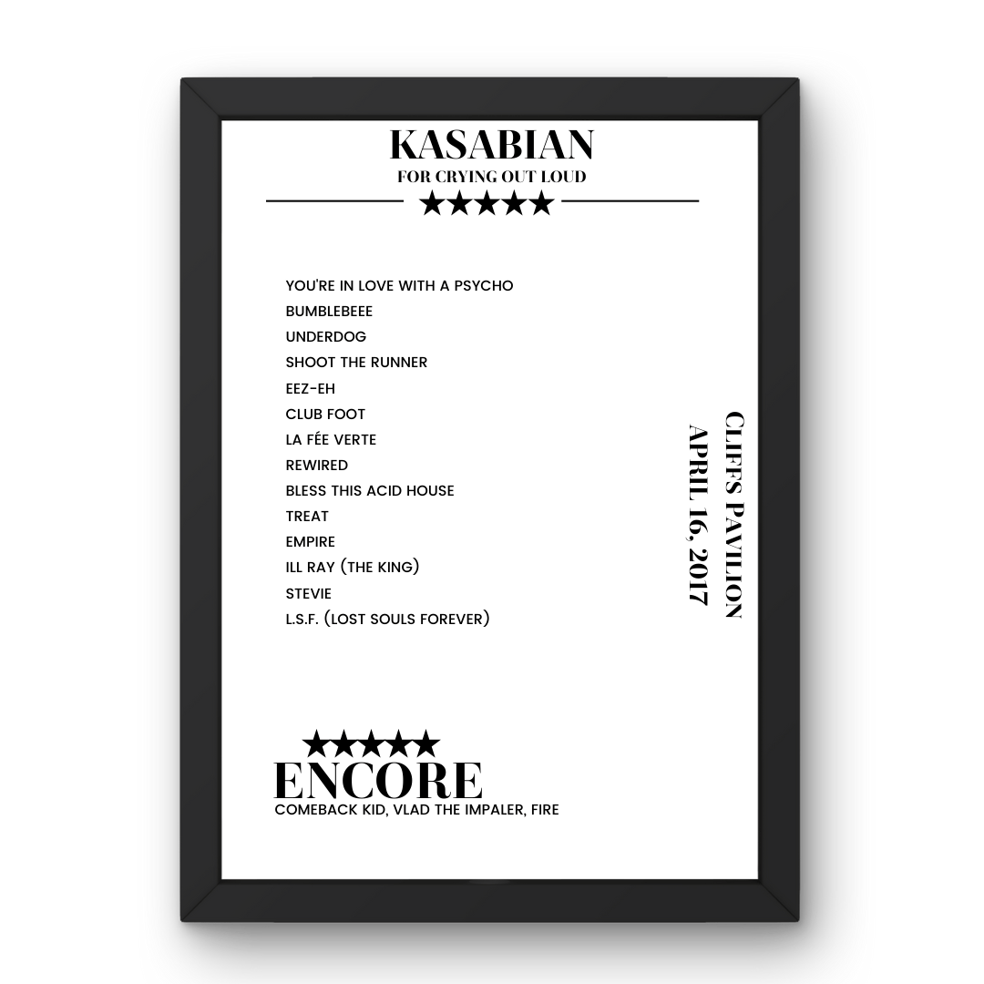 Kasabian Cliffs Pavilion Southend - on - Sea 16 April 2017 Setlist Poster - Setlist