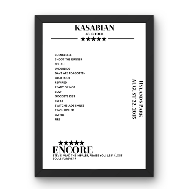 Kasabian Hylands Park Chelmsford 22 August 2015 Setlist Poster - Setlist