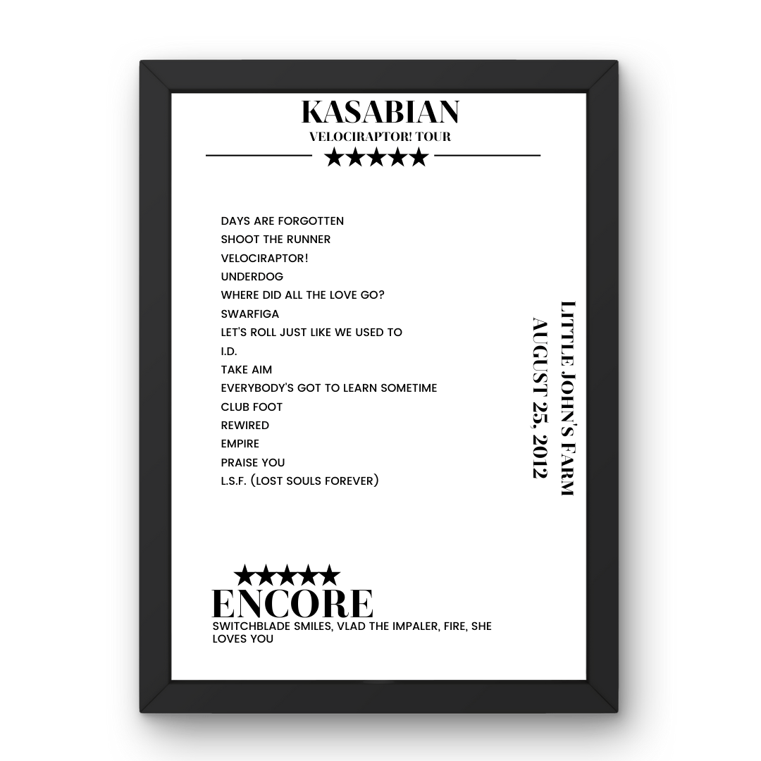 Kasabian Little John's Farm Reading 25 August 2012 Setlist Poster - Setlist