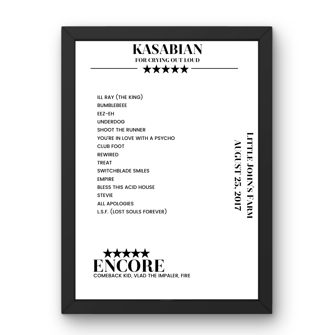 Kasabian Little John's Farm Reading 25 August 2017 Setlist Poster - Setlist