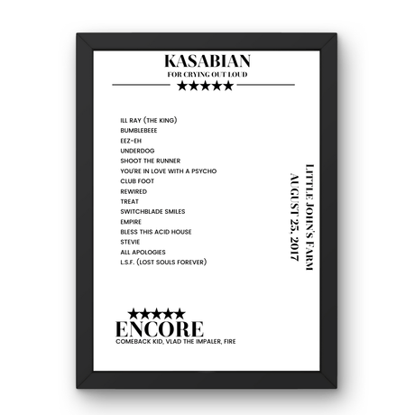 Kasabian Little John's Farm Reading 25 August 2017 Setlist Poster - Setlist