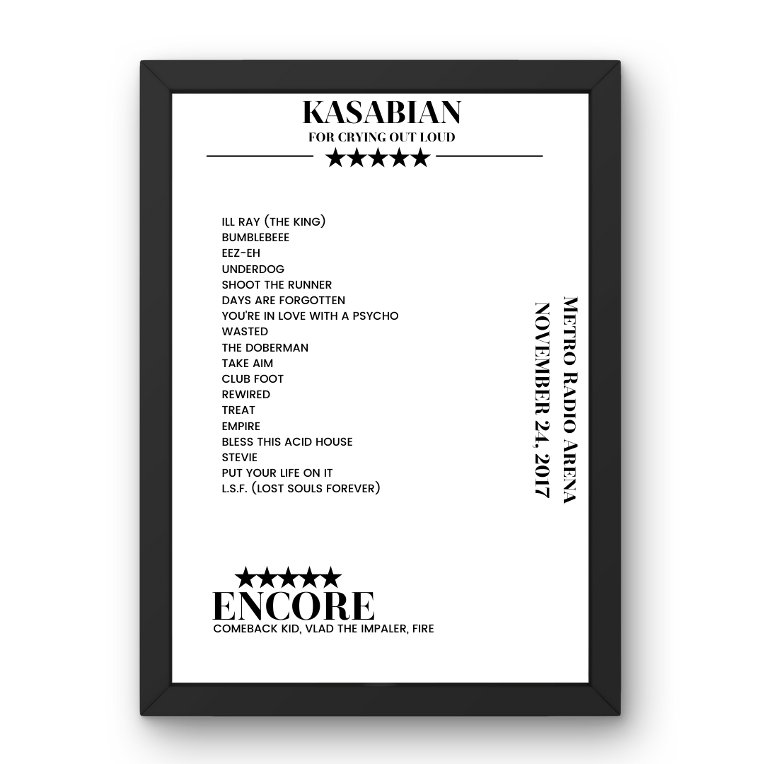 Kasabian Metro Radio Arena Newcastle upon Tyne 24 November 2017 Setlist Poster - Setlist