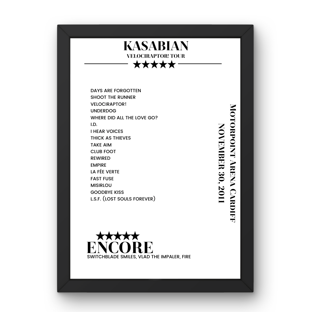 Kasabian Motorpoint Arena Cardiff Cardiff 30 November 2011 Setlist Poster - Setlist