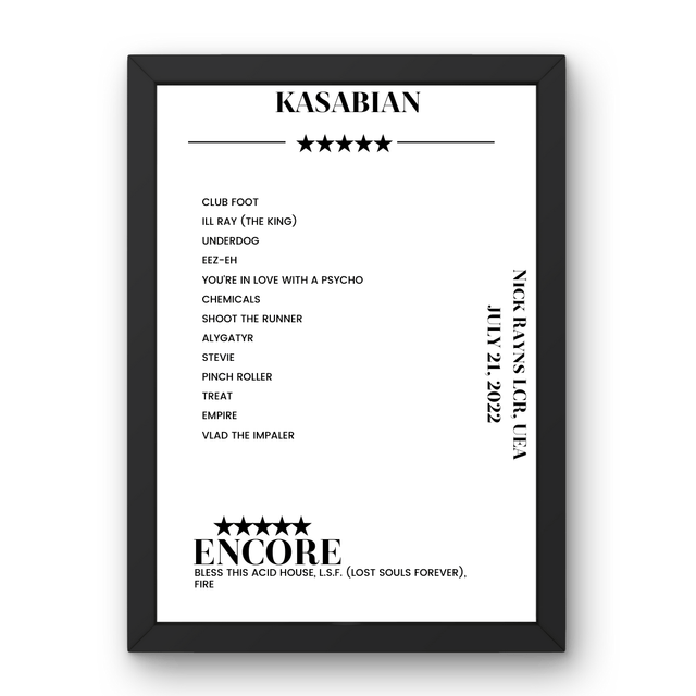 Kasabian Nick Rayns LCR, UEA Norwich 21 July 2022 Setlist Poster - Setlist