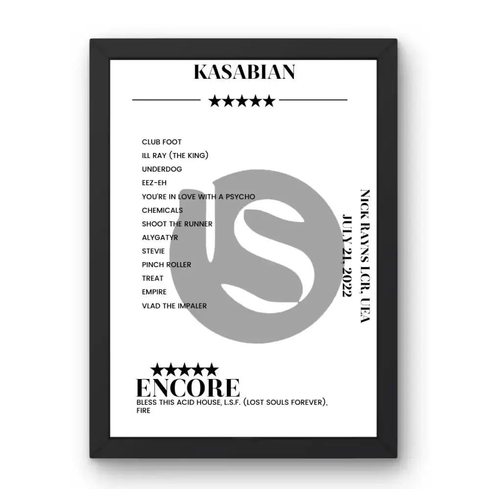 Kasabian Nick Rayns LCR, UEA Norwich 21 July 2022 Setlist Poster - Setlist