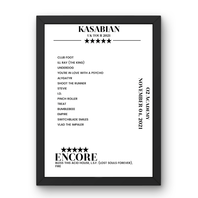 Kasabian O2 Academy Birmingham 04 November 2021 Setlist Poster - Setlist