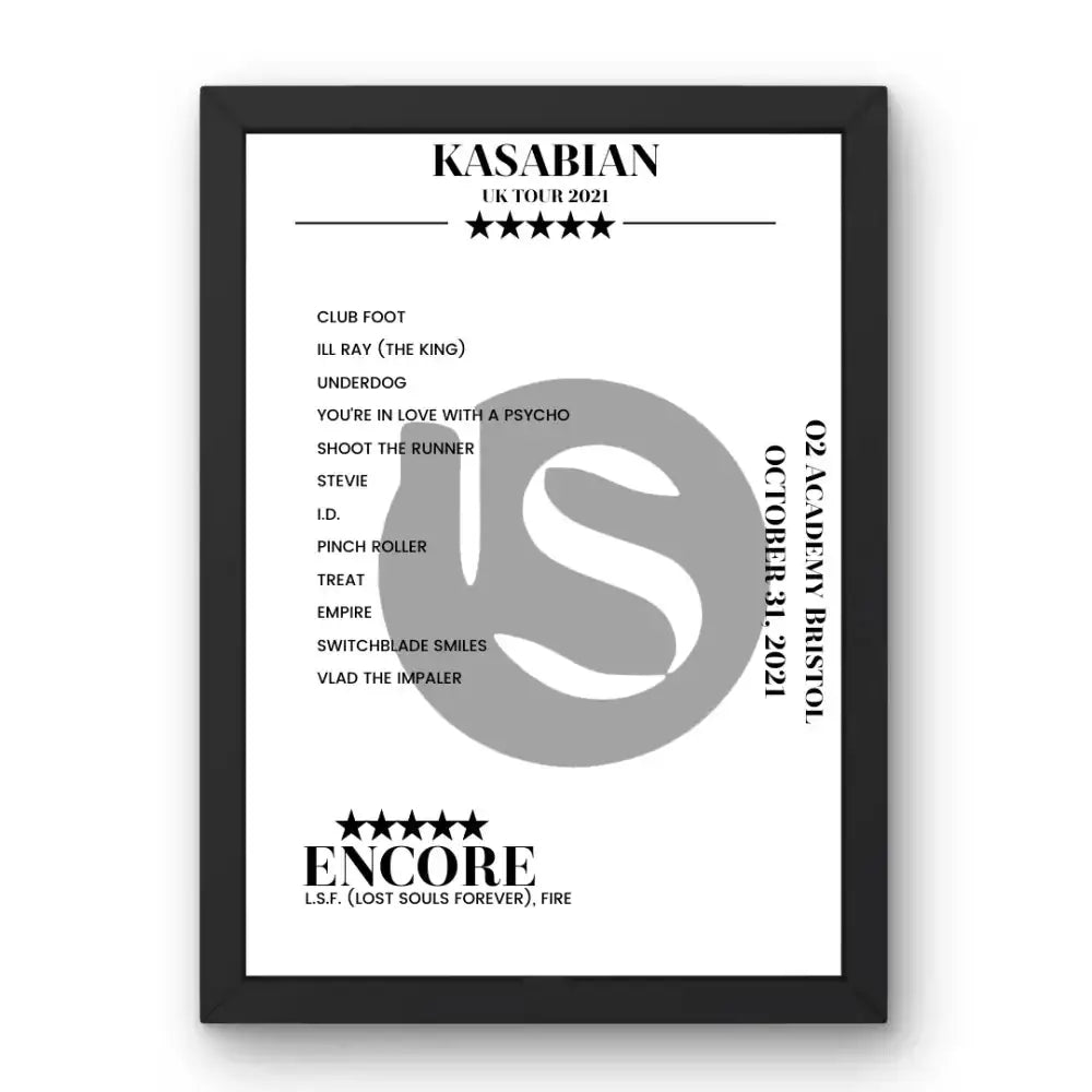 Kasabian O2 Academy Bristol Bristol 31 October 2021 Setlist Poster - Setlist