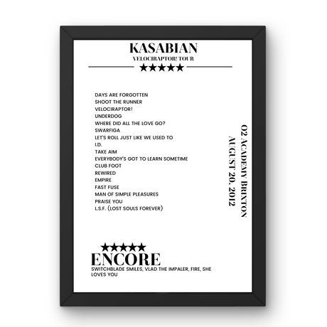 Kasabian O2 Academy Brixton London 20 August 2012 Setlist Poster - Setlist