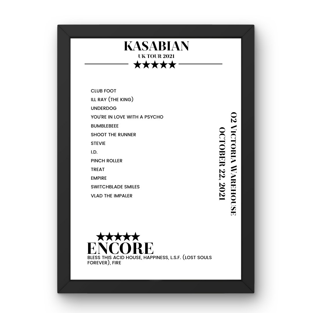 Kasabian O2 Victoria Warehouse Manchester 22 October 2021 Setlist Poster - Setlist