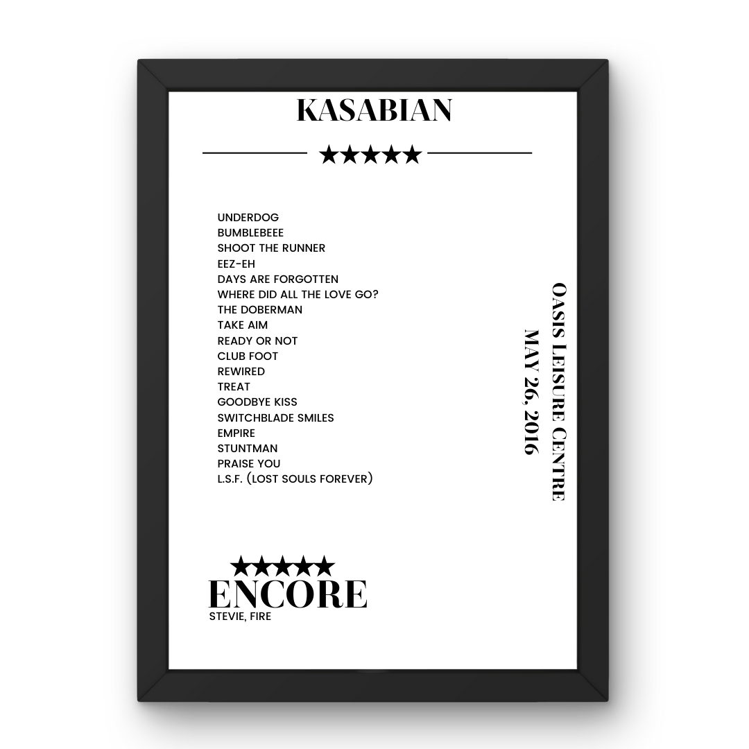 Kasabian Oasis Leisure Centre Swindon 26 May 2016 Setlist Poster - Setlist