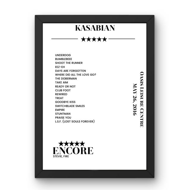 Kasabian Oasis Leisure Centre Swindon 26 May 2016 Setlist Poster - Setlist