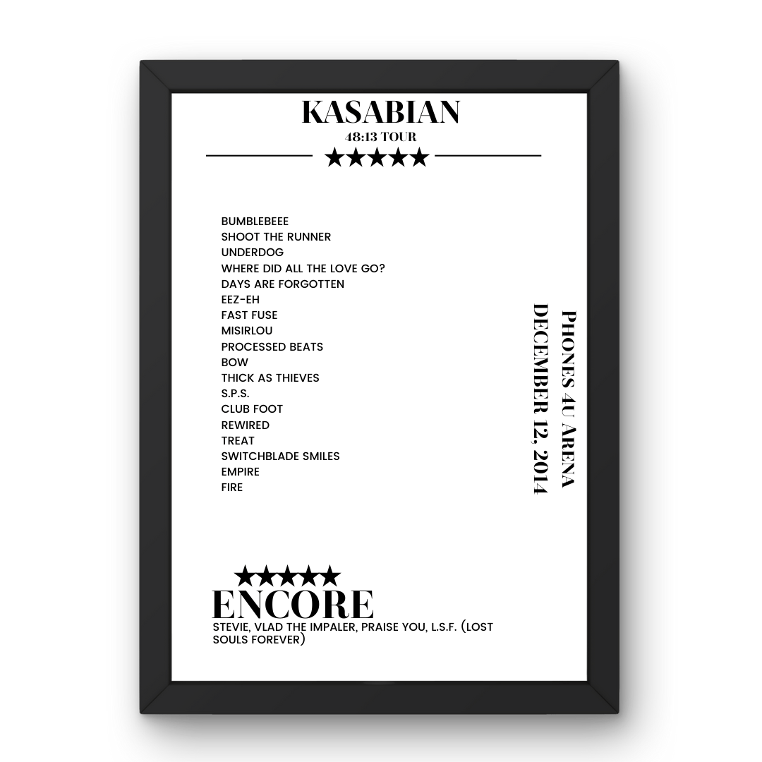 Kasabian Phones 4u Arena Manchester 12 December 2014 Setlist Poster - Setlist