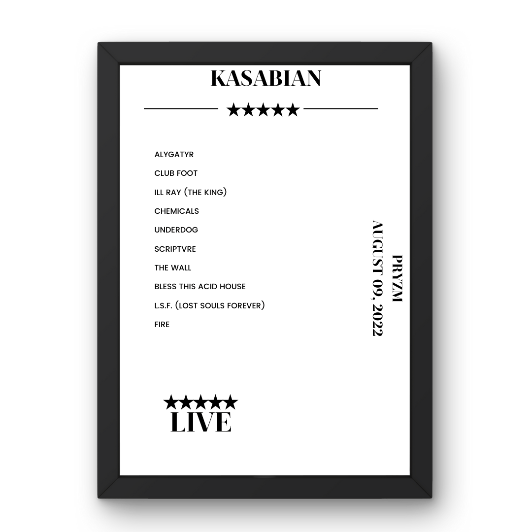 Kasabian PRYZM Kingston upon Thames 09 August 2022 Setlist Poster - Setlist